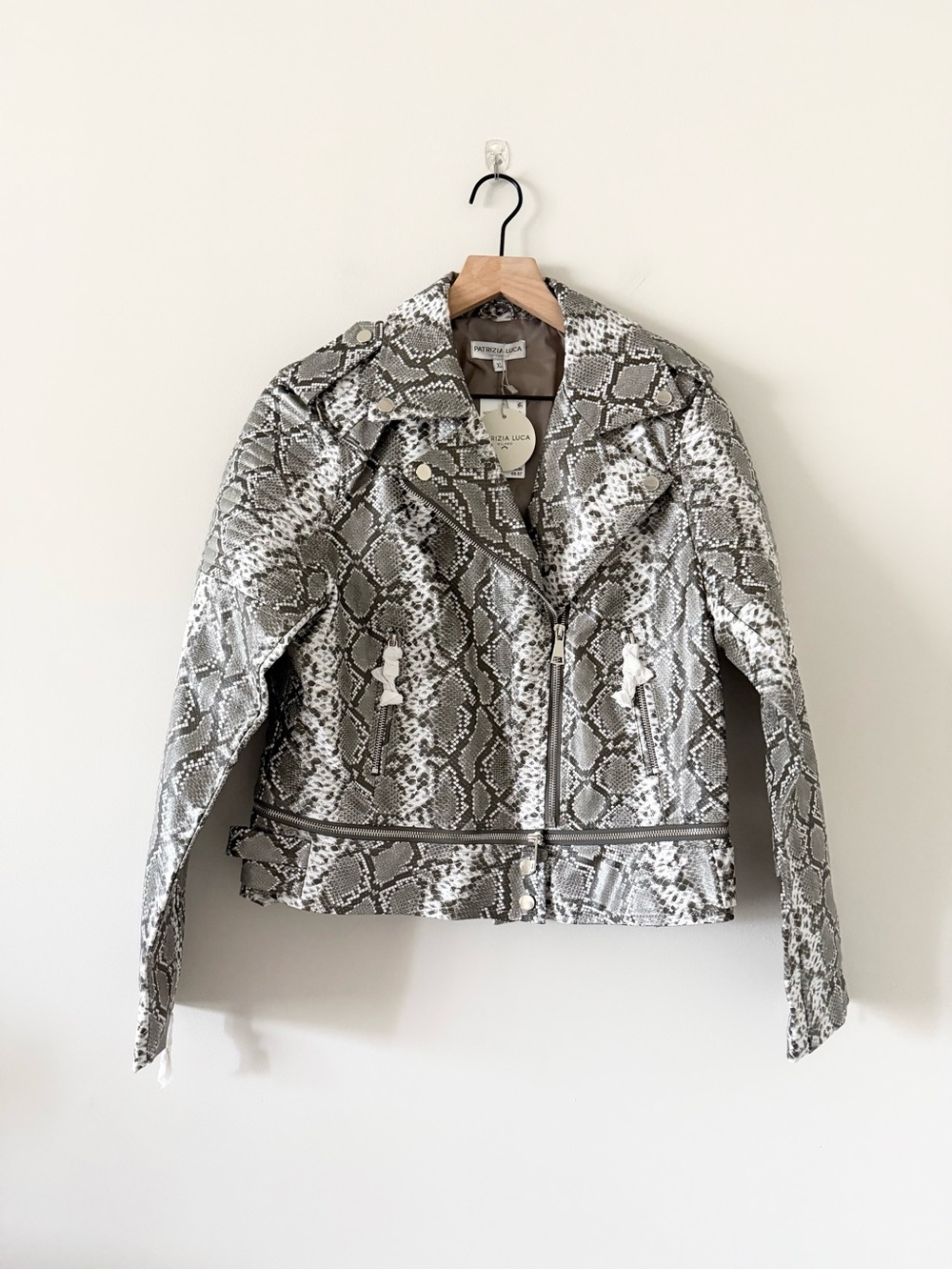 NWT Patrizia Luca Milano Faux Leather Python-Print Moto Jacket Brown & White -XL